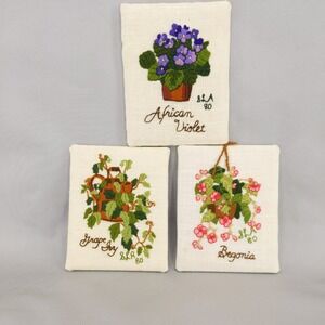 Houseplant Crewel Embroidery Wall Art Set 3 Botanical 1980 Floral Unframed 6x7